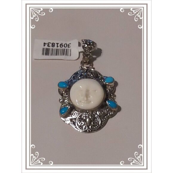 NWT STS Signed 925SS Carved Bone & Sleeping Turquoise Goddess Balinese Pendant - Picture 1 of 4
